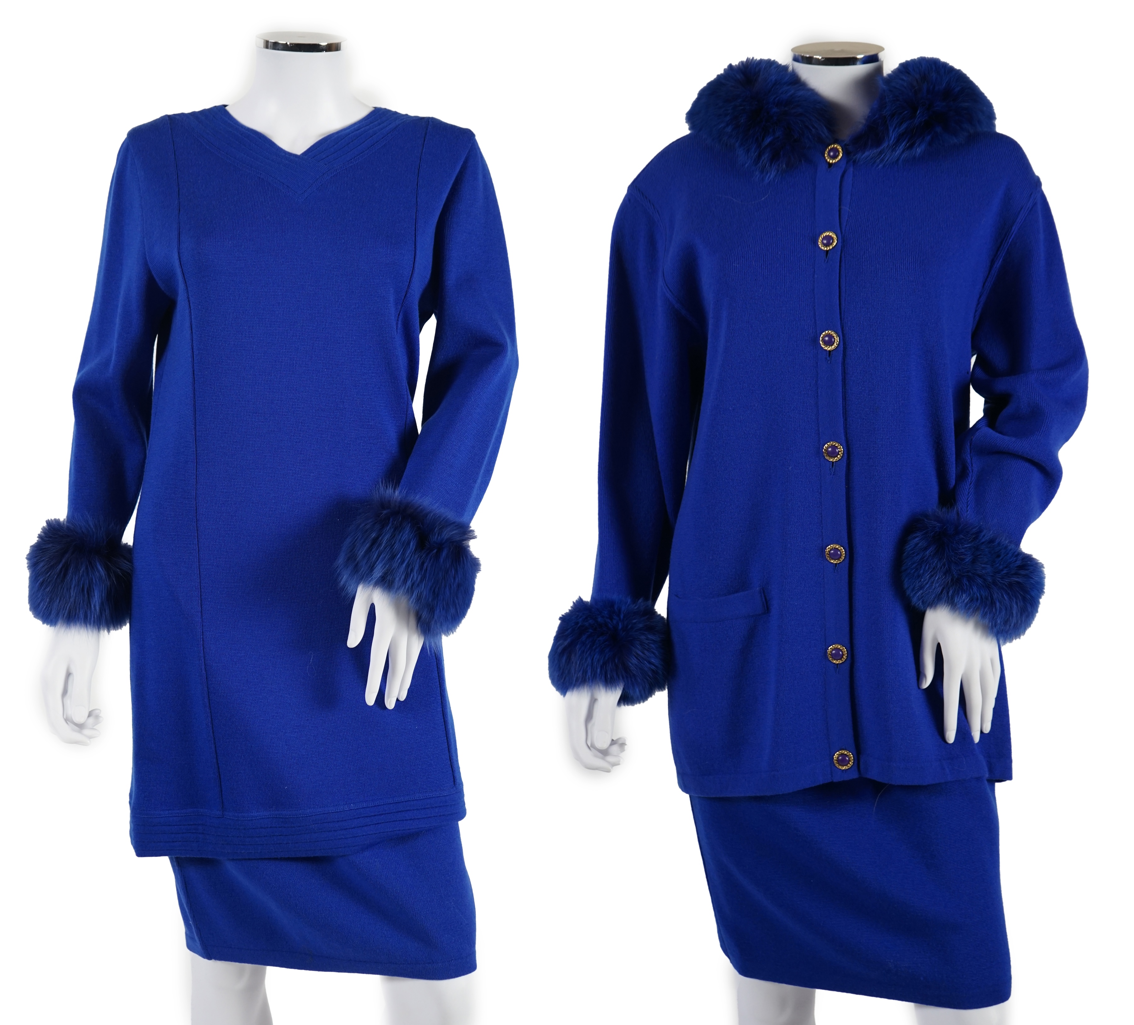 A Vera da Pozzo knitted royal blue suit with fur detail, knitted dress with fur cuffs and additional knitted skirt. Approx size 10-12 Proceeds to Happy Paws Puppy Rescue